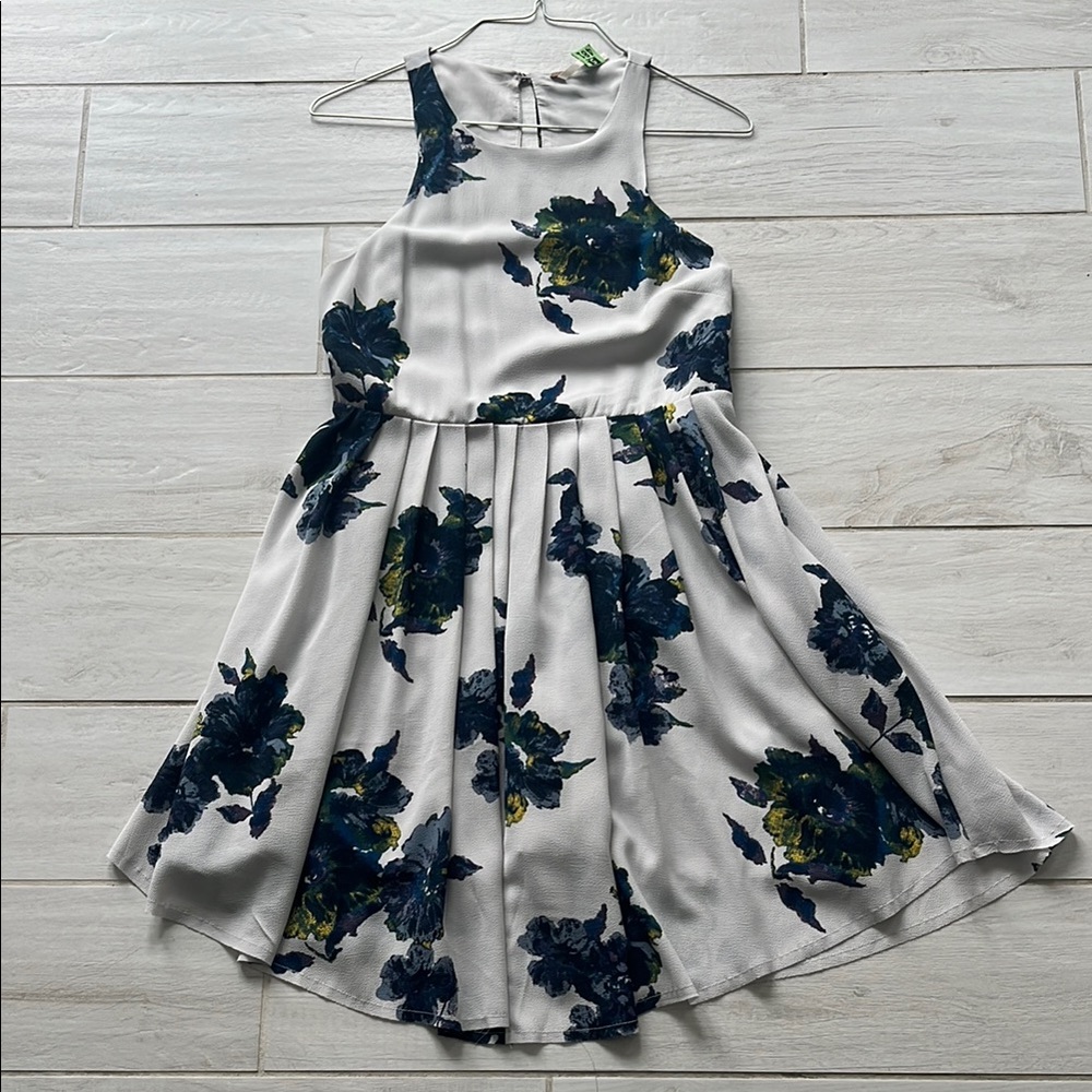 Free People Floral Sleeveless Pleated Halter Dress, Size 2- White and Blue